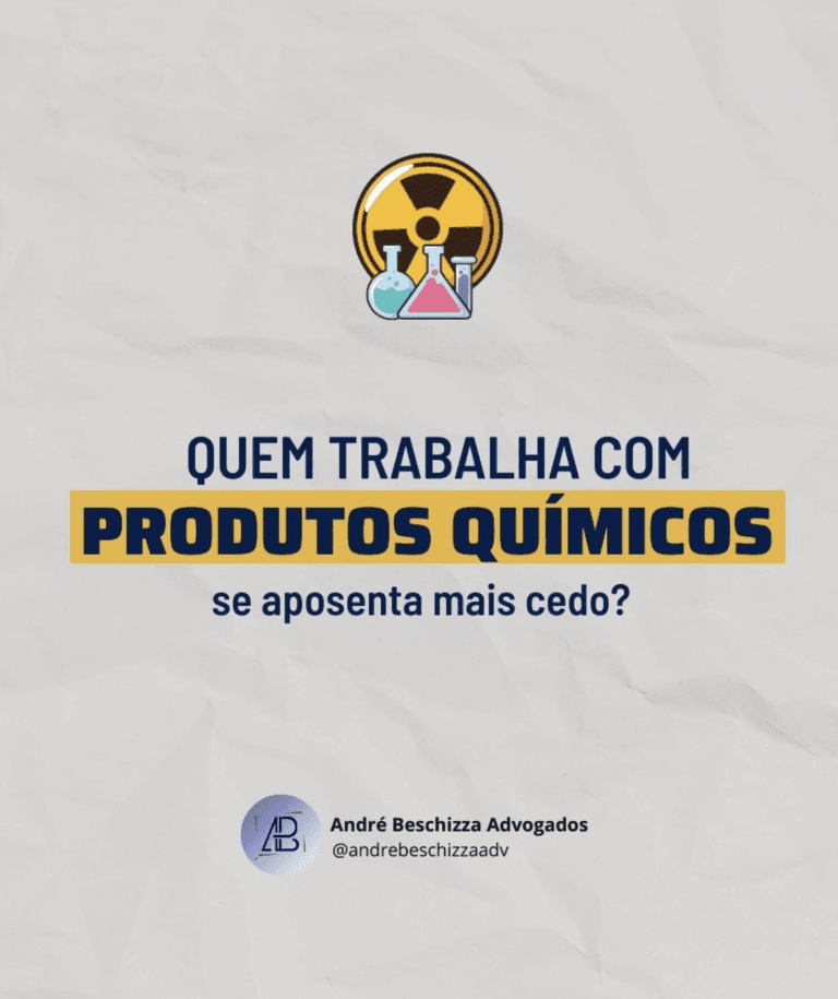 Imagem de símbolo de local radioativo e tubos de ensaios com a frase: Quem trabalha com produtos químicos se aposenta mais cedo?