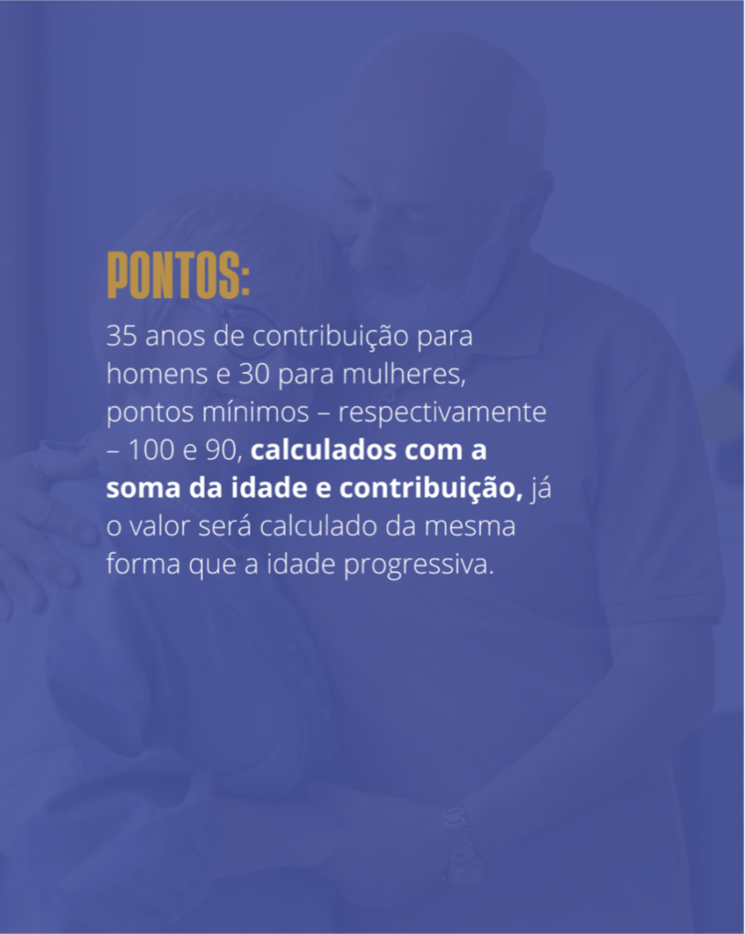 👉 Pontos: 35 anos de contribuição para homens e 30 para mulheres, pontos mínimos – respectivamente – 100 e 90, calculados com a soma da idade e contribuição, já o valor será calculado da mesma forma que a idade progressiva.