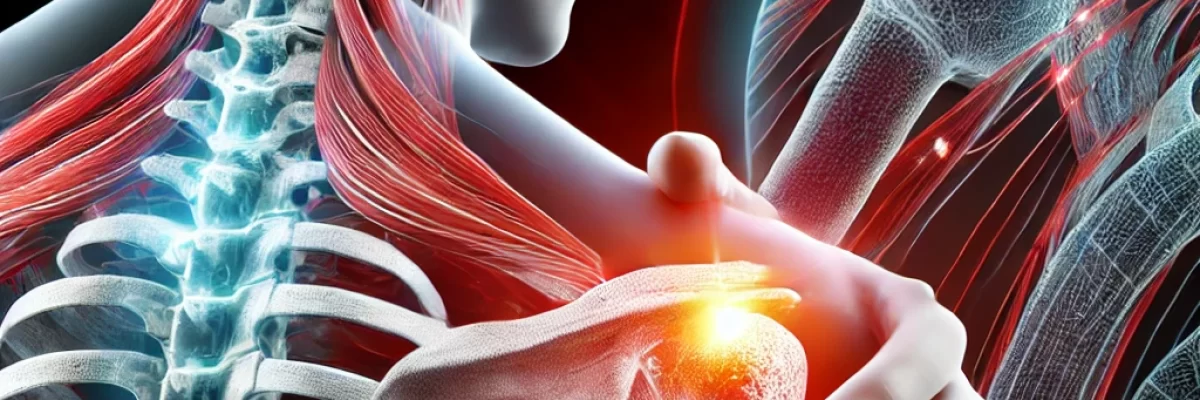 DALL·E 2024-12-04 15.58.38 - A detailed educational illustration of CID M75.1 (shoulder impingement syndrome) showing a person holding their shoulder in pain. The areas of pain ar