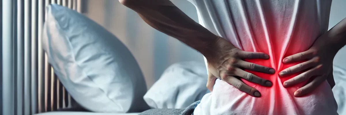 DALL·E 2024-12-06 13.52.55 - A realistic photo-style image of a person sitting on the edge of a bed, holding their lower back with an expression of severe pain. The person's postu