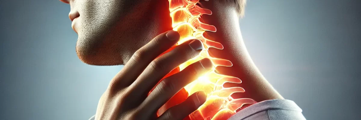 DALL·E 2024-12-11 15.10.56 - A photorealistic image of a person experiencing neck pain, focusing on the cervical spine area. The person is shown holding their neck in discomfort,