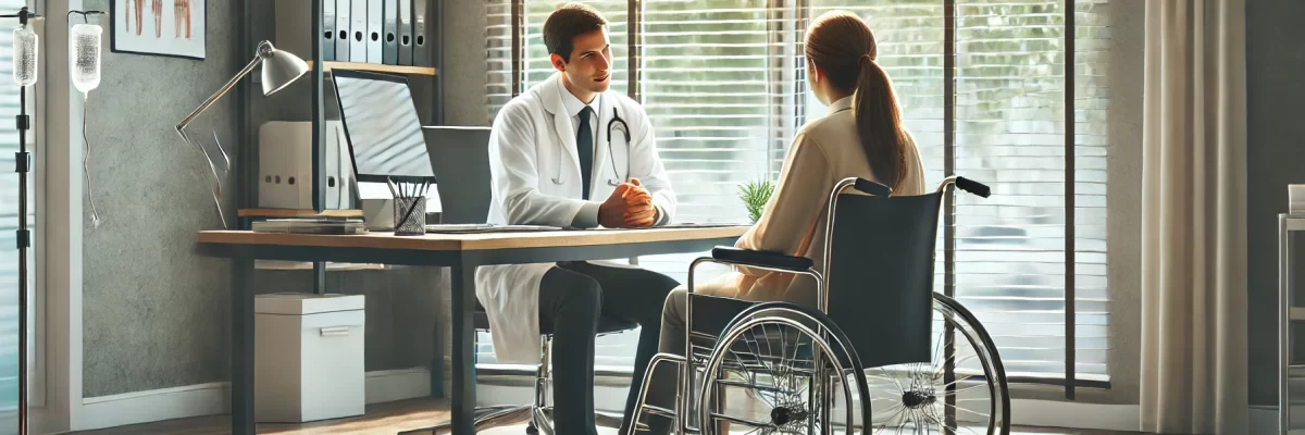 DALL·E 2025-01-16 11.40.12 - A realistic photo-style depiction of a professional office environment where a doctor is attending to a person in a wheelchair. The setting is modern